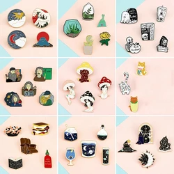 4~6Pcs Skeleton Witch Enamel Pins Mushroom Girl Cat Dog Plant Brooches Cartoon Animal Lapel Badge Jewelry Gift for Kids Friends