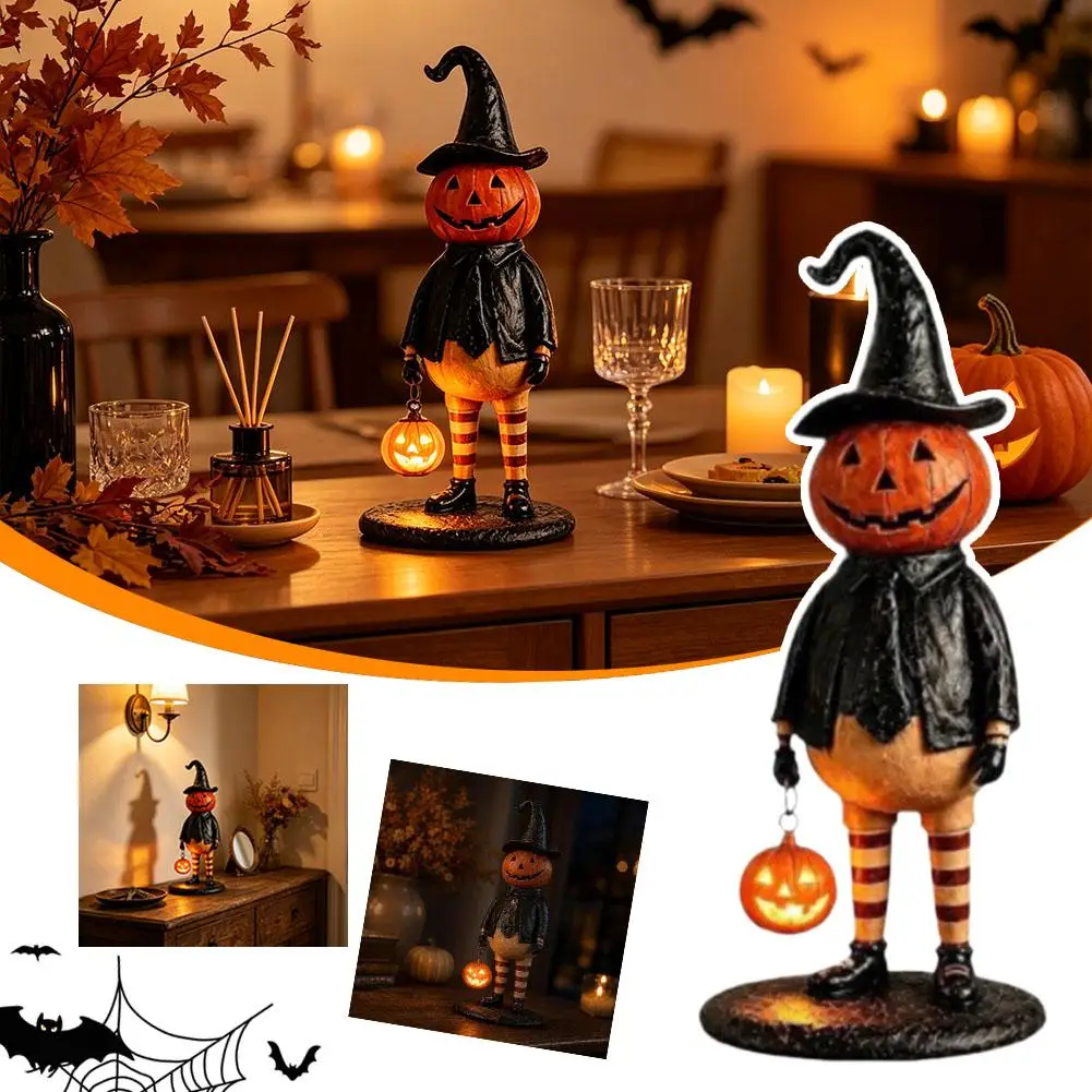 Halloween Pumpkin Lantern Vintage Witch Gentleman Tabletop Decor with Lighted Handheld Pumpkin Lantern Crafts Creative Pumpkins