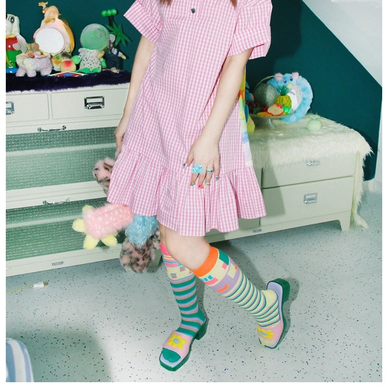 Original Design Striped Fluorescent Color Women's Calf Hosiery Autumn New Asymmetric Candy Color Cotton Mid-Calf Socks Ladies