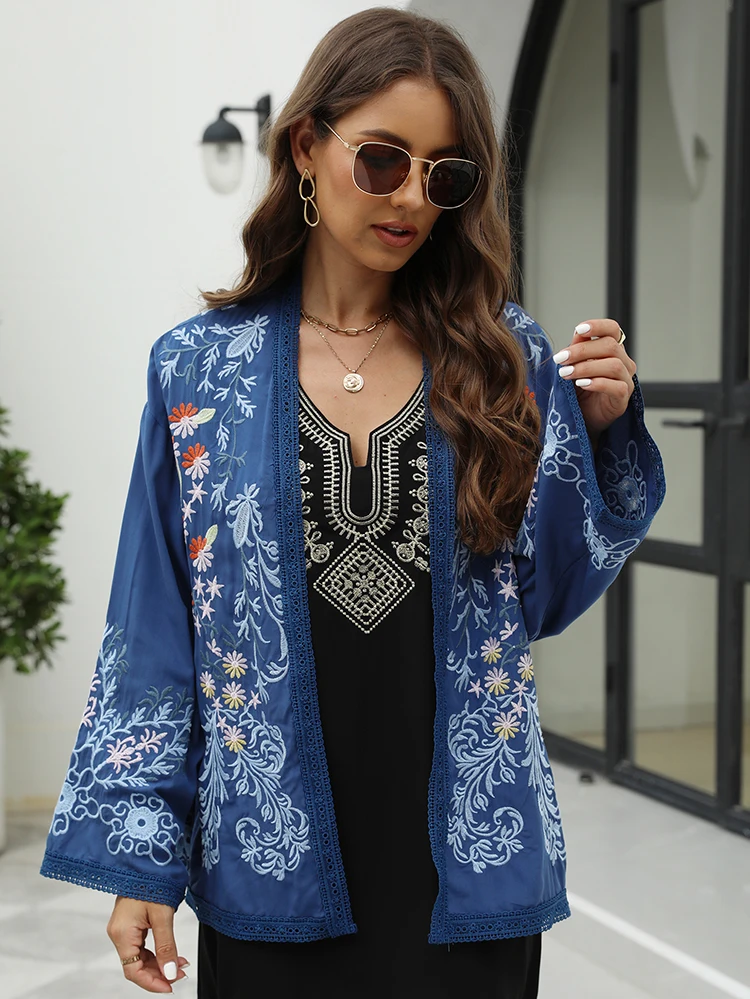 KHALEE YOSE Boho Floral Embroidery Cardigan Blouse Shirt Blue Summer Spring Mexican Vintage Chic Women 2xl 3XL Ethnic Shirt Tops