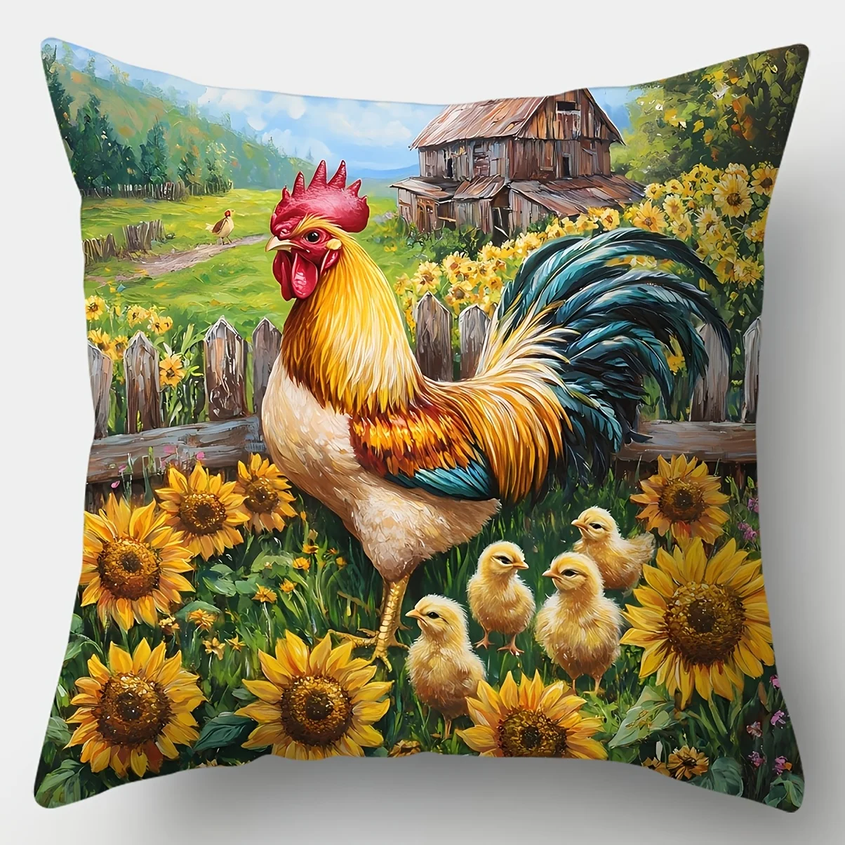4pcs Farm Rooster Sunflower Pillowcase Set Rustic Cottage Decor Throw Pillow Covers 40x40cm Home Gift