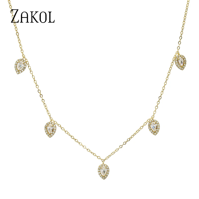 ZAKOL Korean Fashion Leaf Water Drop Choker Necklaces for Women AAA Cubic Zirconia Thin Chain Necklace Jewelry