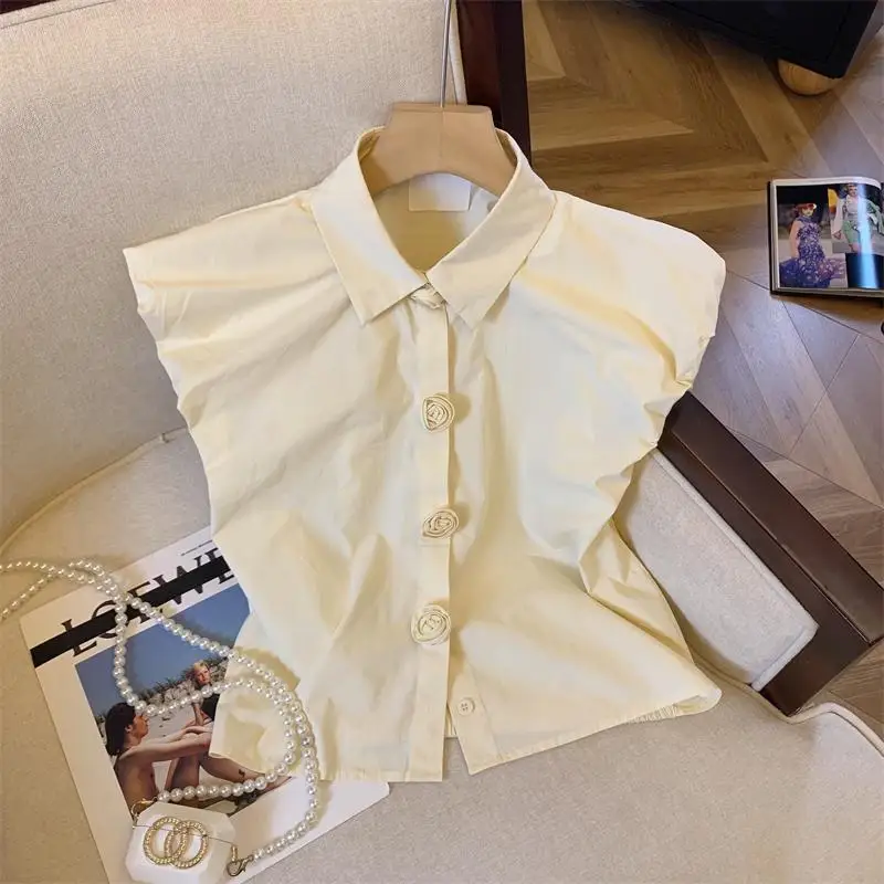 

Korean Cute Slim Short Shirt Tops Women Clothing Summer New Polo Neck Solid Color Simplicity Fashion Blouse Trend Temperament