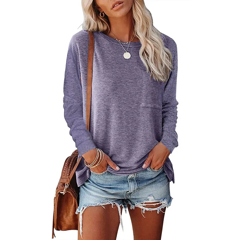 Autumn and Winter New Women\'s Round Neck Pullover Pure Color Cotton Sweater Loose Casual Top T-shirt All-match