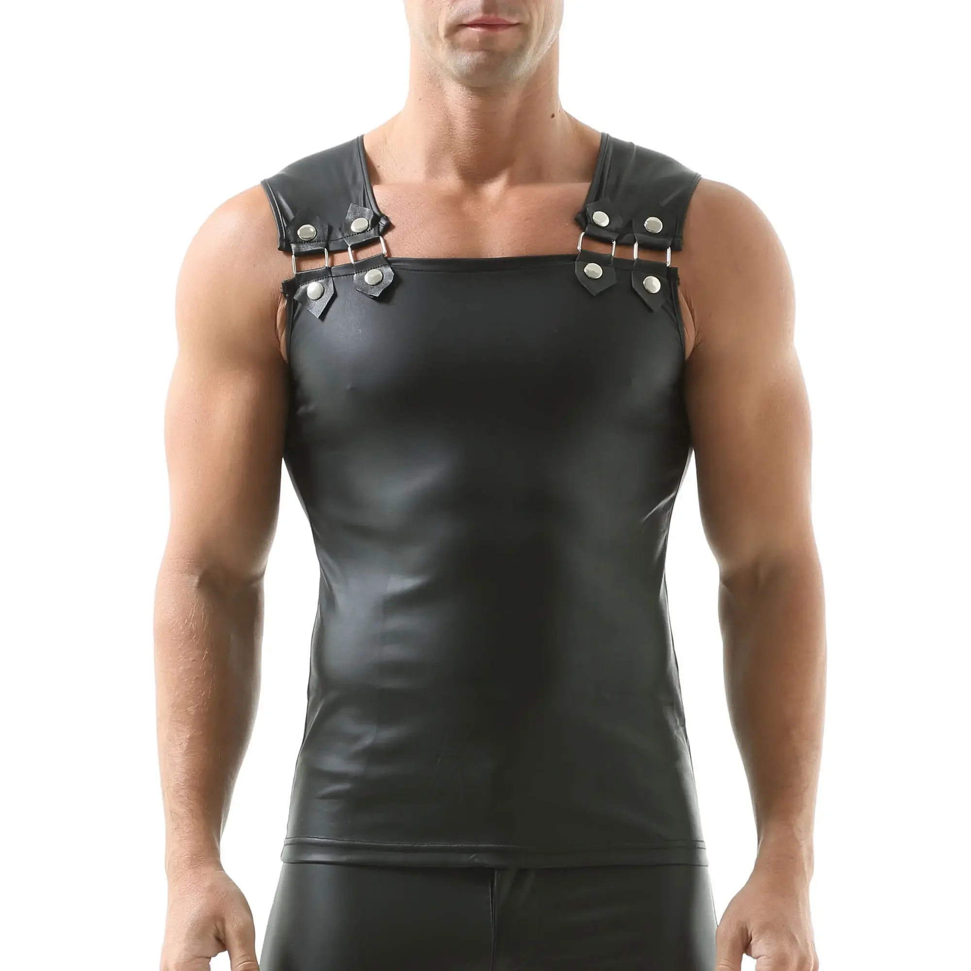 Men Sexy Leather Gym Fitness Tank Top Men\'s Faux Leather Sleeveless Shirts Slim Fit Bodybuilding Sports Fitness Vest Tank Top