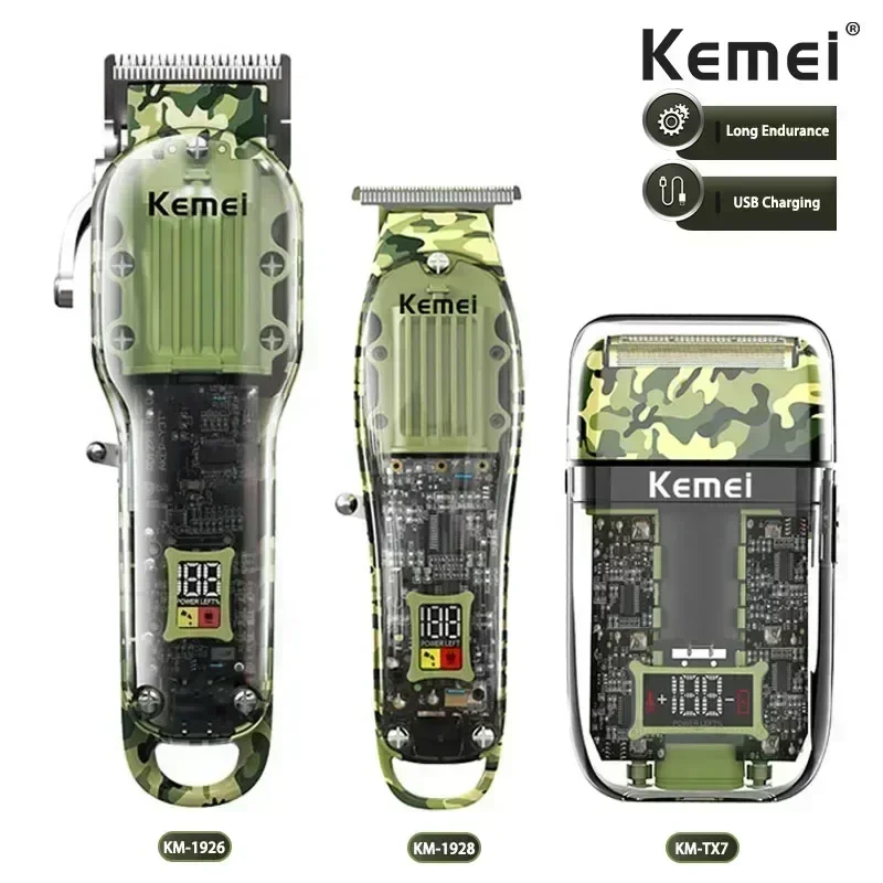 Kemei Transparent Body Electric Hair Clippers Kit KM-1928 KM-1926 Rechargeable Trimmer KM-TX7 Waterproof Men's Shaver Barber