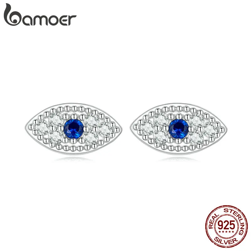 Bamoer Authentic 925 Sterling Silver Devil Eye Stud Earrings for Women Shiny Blue Gem Ear Studs Fine Jewelry Wedding Gift VSE165