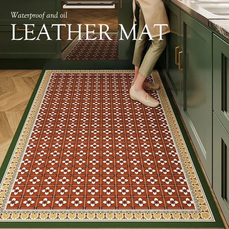 American Retro Kitchen Floor Mat Waterproof Oilproof and Non-slip Leather Carpet Washable Kitchen Floor Mats