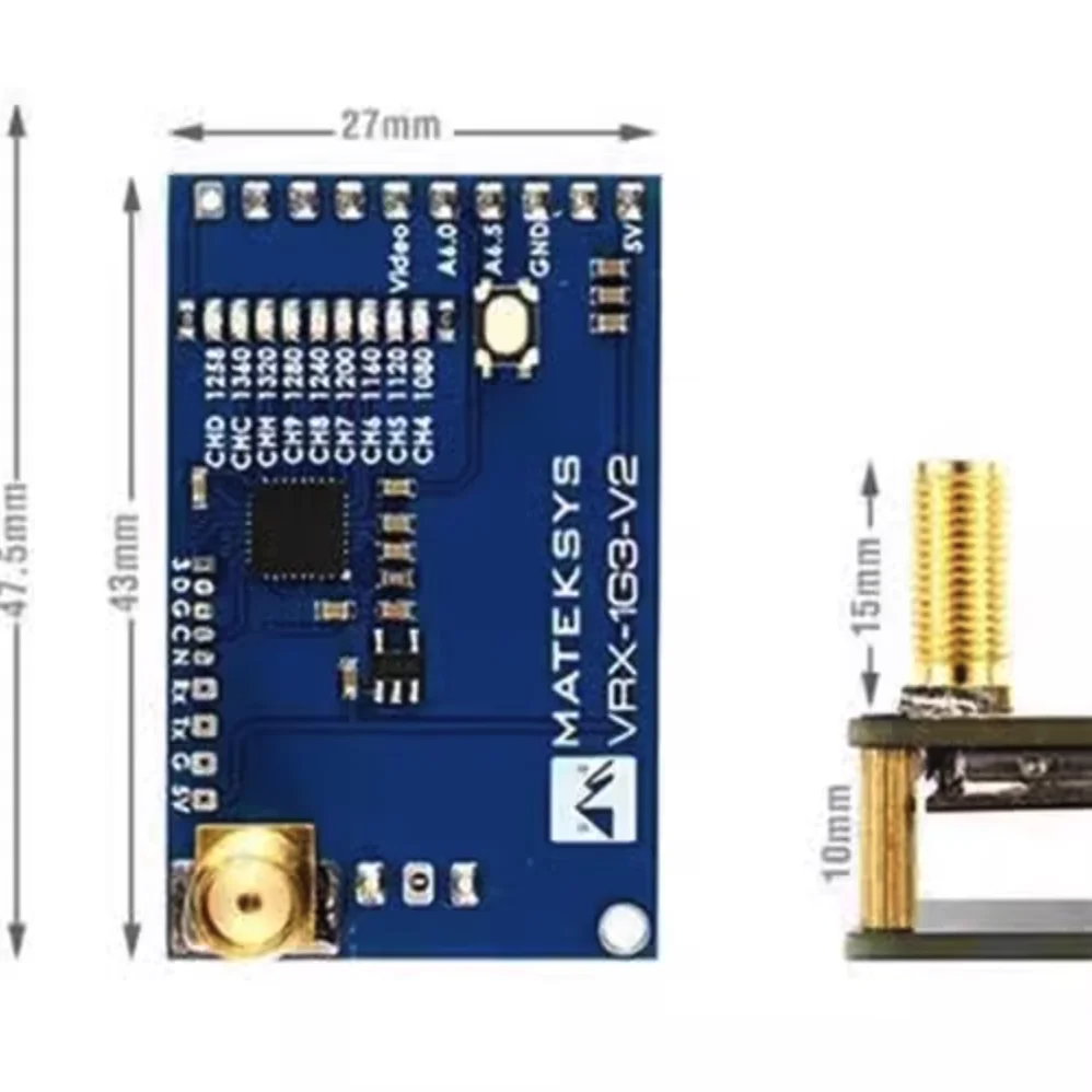 Matek Systems VRX-1G3-V2 1.2G/1.3GHz 9CH Video Receiver 6-30V DC IN Multirotor FPV Racing Drone ANT-Y1240 Antenna