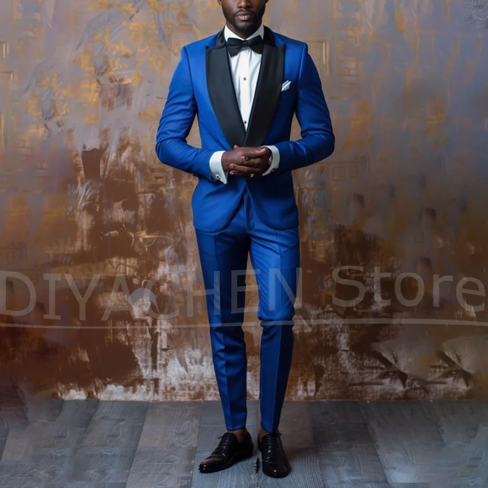 

Men's Royal Blue Suit Set with Black Lapel One Button Outfits Formal Wedding Party Prom Tuxedos Tailored Slim Fit Two Piece