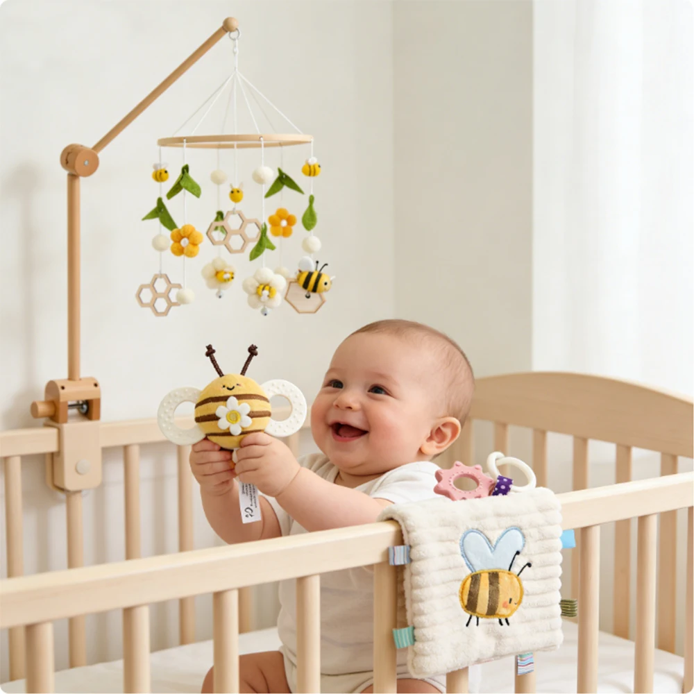 Baby Crib Mobile Rattle Toy For 0-12 Months Baby Bee Themed Nursery Mobile Set, Wooden Crib Hanging Rattle Infant Sensory Toys