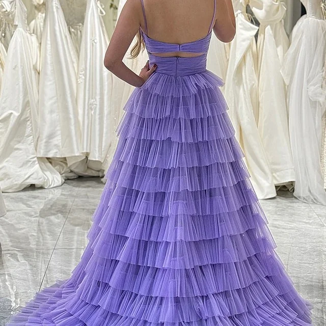 Lavendel Schatz Tiered A-Linie Abendkleid Sexy High Split A-Linie Abendkleider Sweep Zug Frauen Formelle Anlässe Partykleid