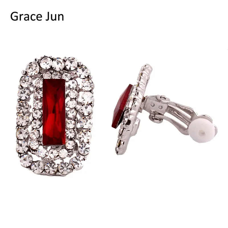 Grace Jun 3 Colors for Choose Silver Plated Rhinestone Crystal Retangle Clip on Earrings Without Piercing Fashion Jewelry Bijoux