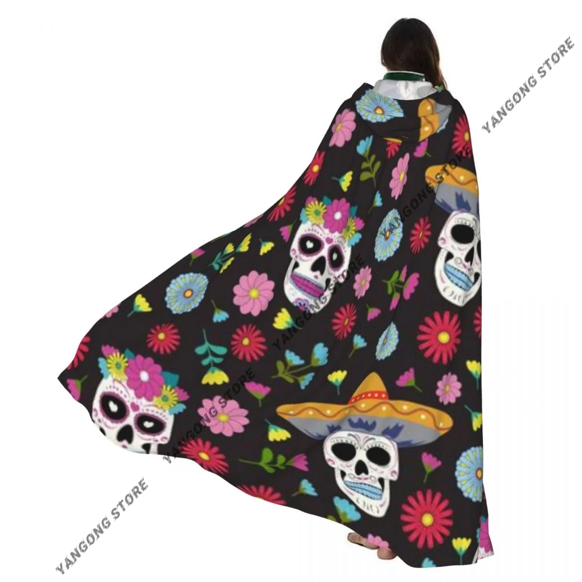 

Adult Vampire Cape Hooded Robe Day Of The Dead Skull With Floral Halloween Cloak Full Length Cosplay