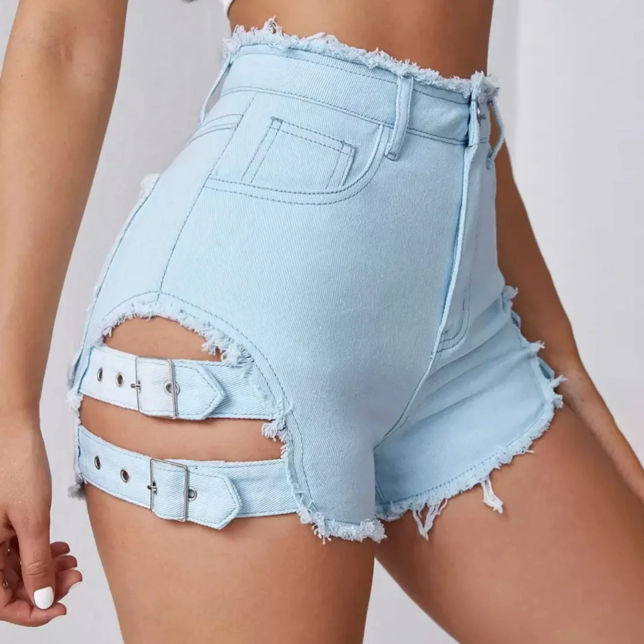Women High Waist Denim Shorts Distressed Hem Summer Casual Streetwear Side Slit Raw Edge A-Line Hot Pants Fashion Outfit