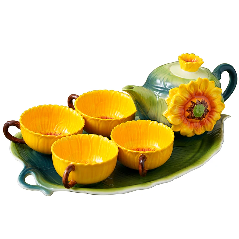 Enamel Color Sunflower Tea Set Set Home Kung Fu Tea Tray Teacup Ceramic Mug Kettle Leaf Tray Delicate Snack Drink Tray Mug Home