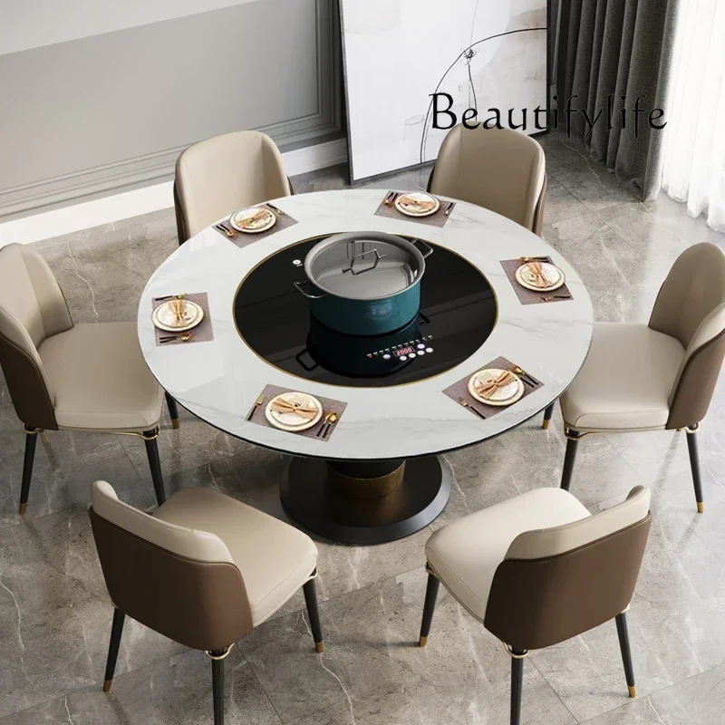 

light luxury round table Slate dining table High-end household multi-function inlaid turntable induction cooker Round