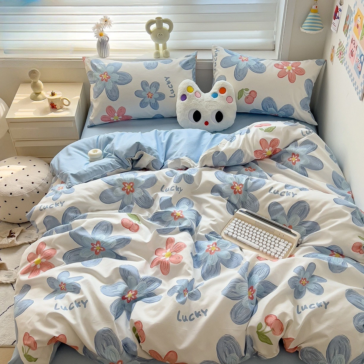 A-Class Bedding Set 4 Piece Washed Cotton Brushed Fabric Ultra Soft Duvet Cover Flat Sheet Pillowcases Durable Quilt Cover