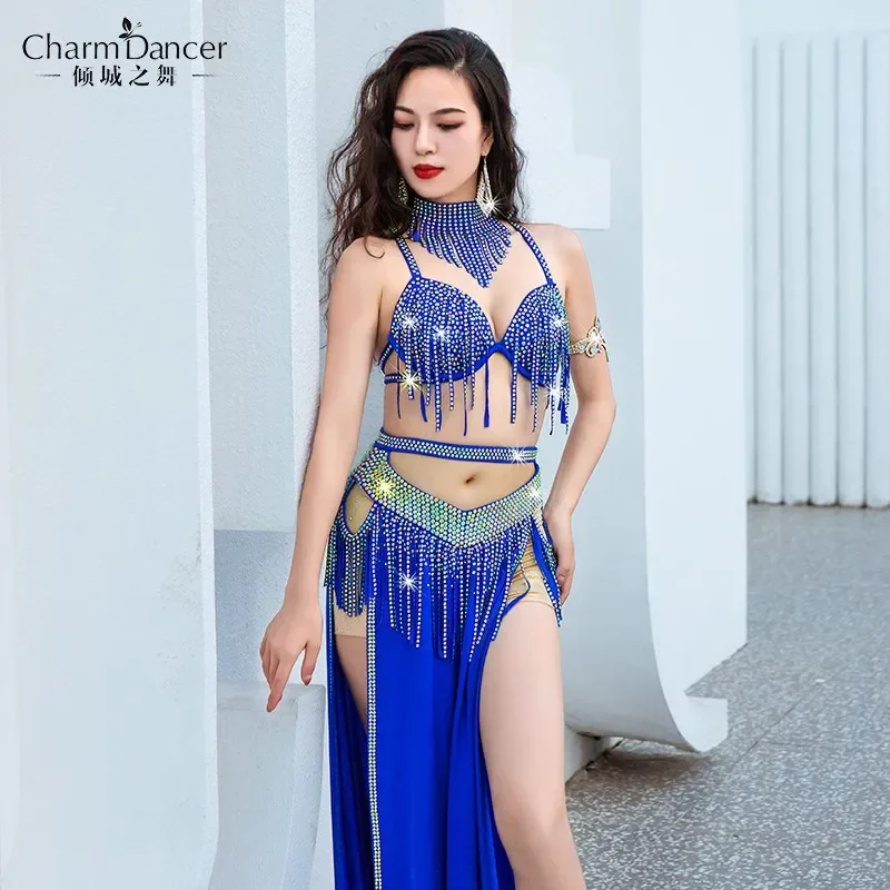 

Belly Dance Costume Professional Glitter Bra Top Tassel Spilt Long Skirt Women Stage Performance Costume Luxury Oriental Suit