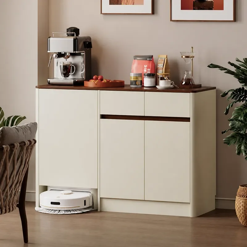 Solid Wood Sideboard Cabinet with Integrated Tea Storage Rack Modern Dining Room Coffee Bar Console Table Against Wall Living