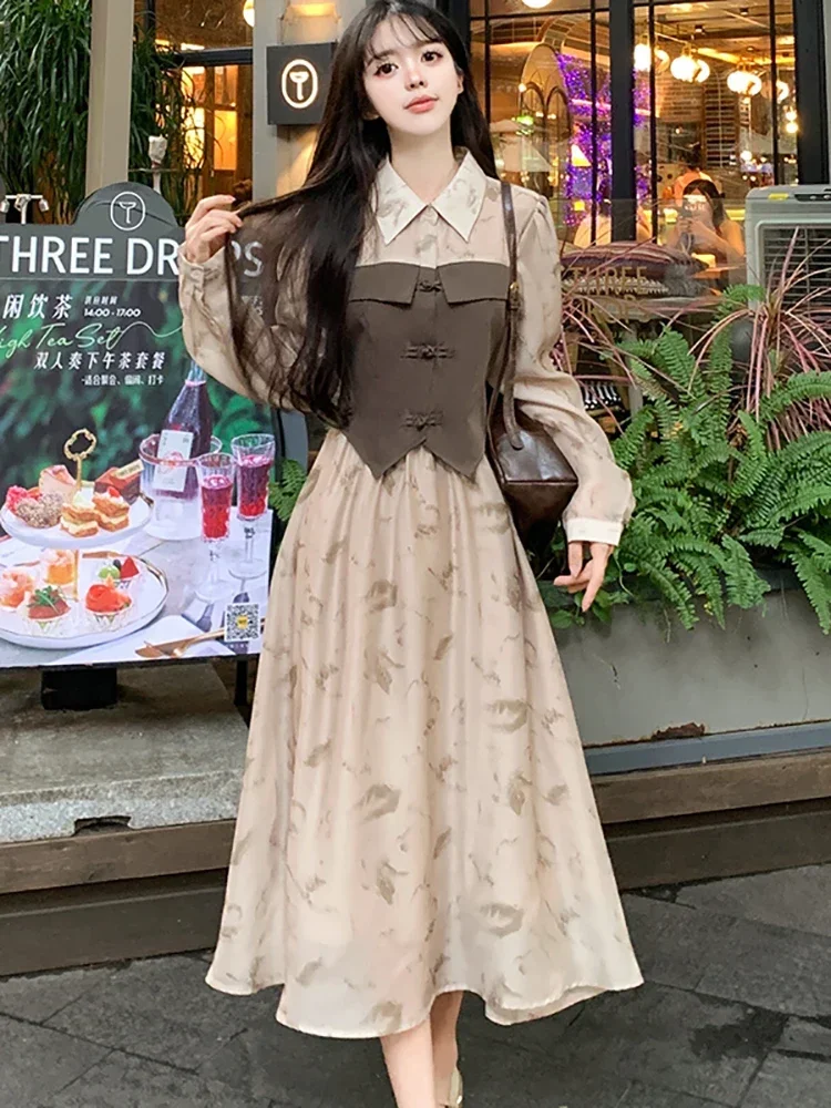 

Women Elegant Casual Shirt Dresses Autumn Winter Korean Bodycon Party Vestidos 2025 Fashion Print Patchwork Fake Two Piece Dress