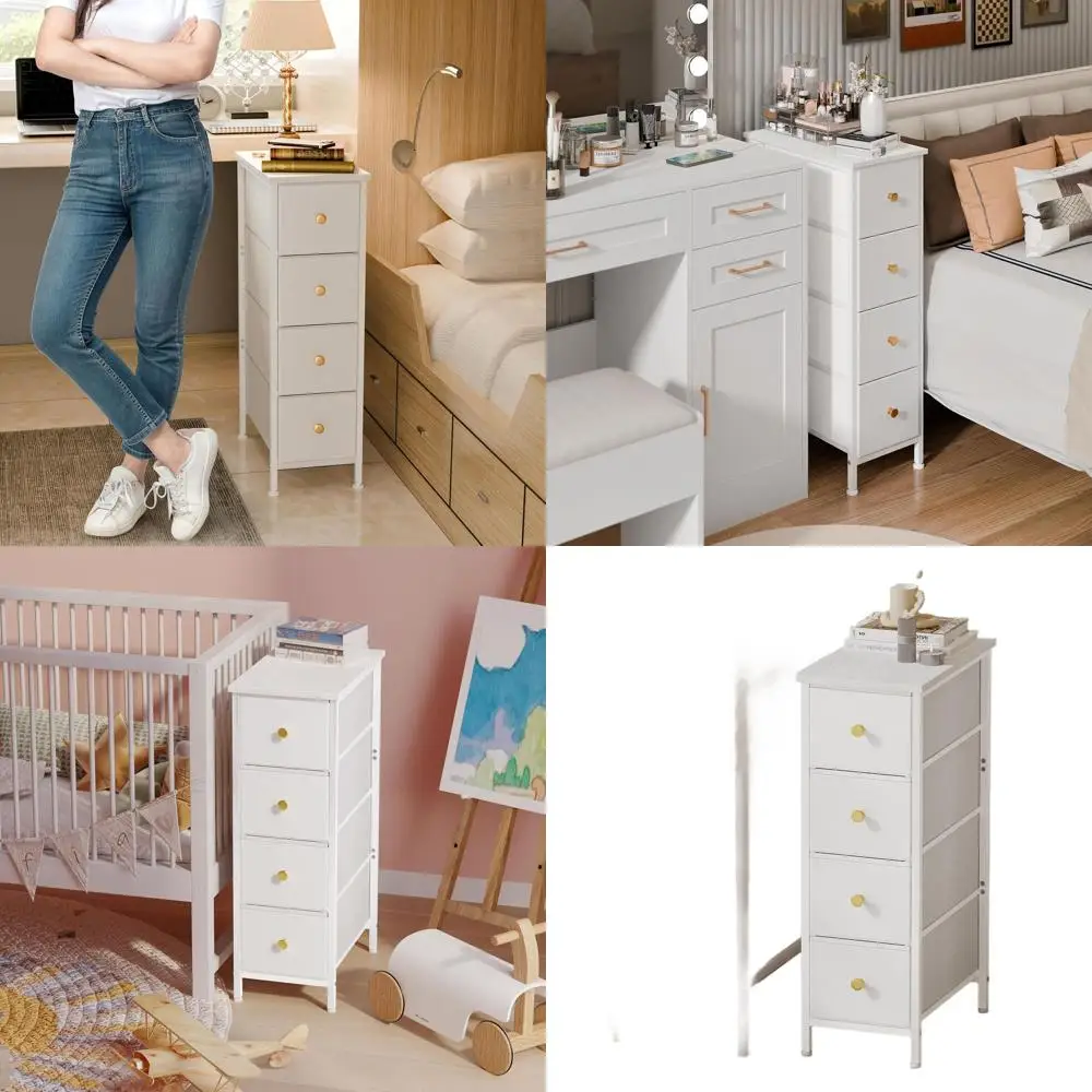 

Компактный шкаф для хранения с 4 ящиками, белый узкий комод для небольших помещений: идеально подходит для спальни, ванной комнаты, прачечной и гардеробной.