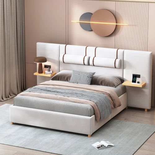 # Size Adjustable Upholstered Platform Bed Two Outlets On Both Sides Two Bedside Pillows Storage Shelves Velvet Beige