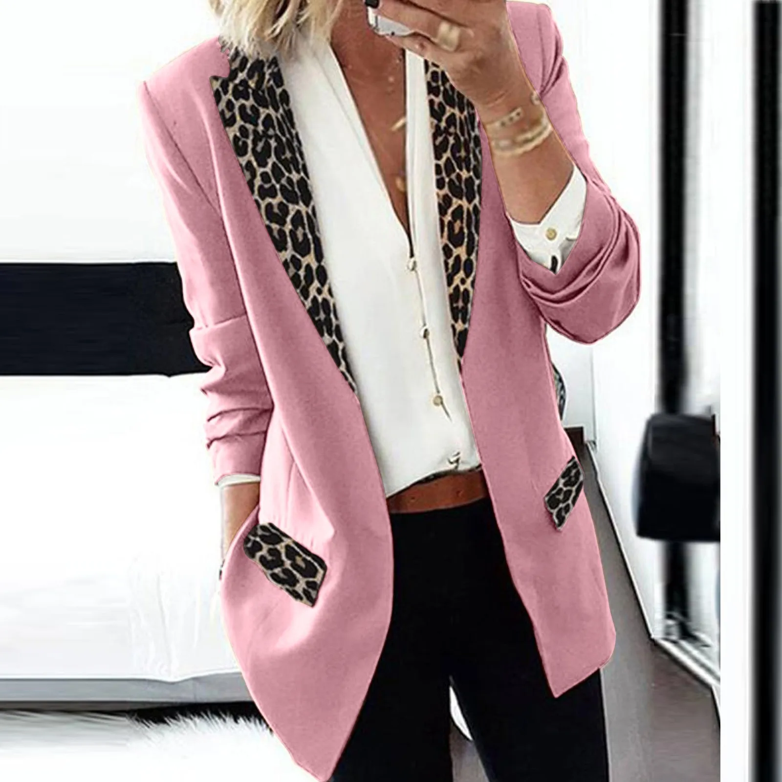 Fashion Office Lady Jacket Blazer Women Cardigan Thin Long Sleeve Leopard Print Elegant Small Suit Coat Oversize