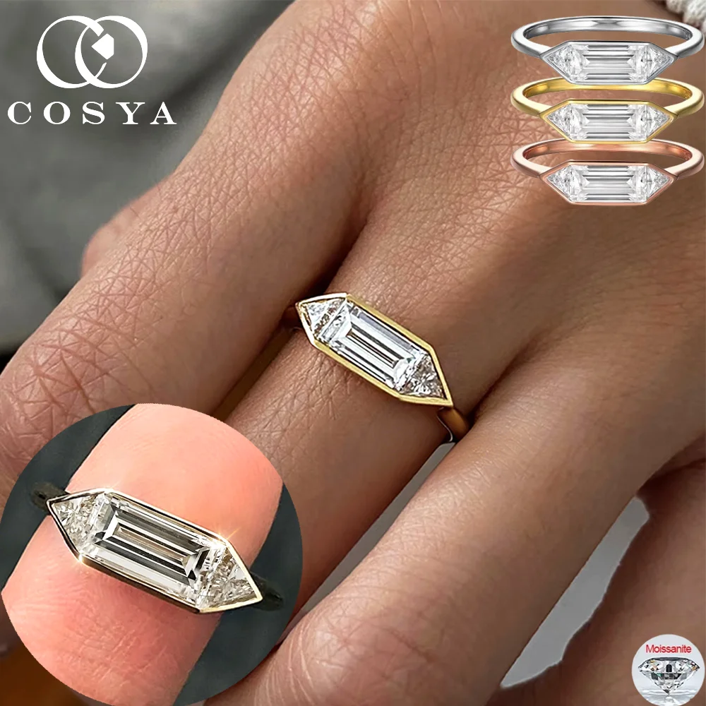 

COSYA 1.2cttw Moissanite Rings Minimalist Plated 18K Gold S925 Silver East West Emerald Lab Diamond Solid Band Fine Jewelry Gift