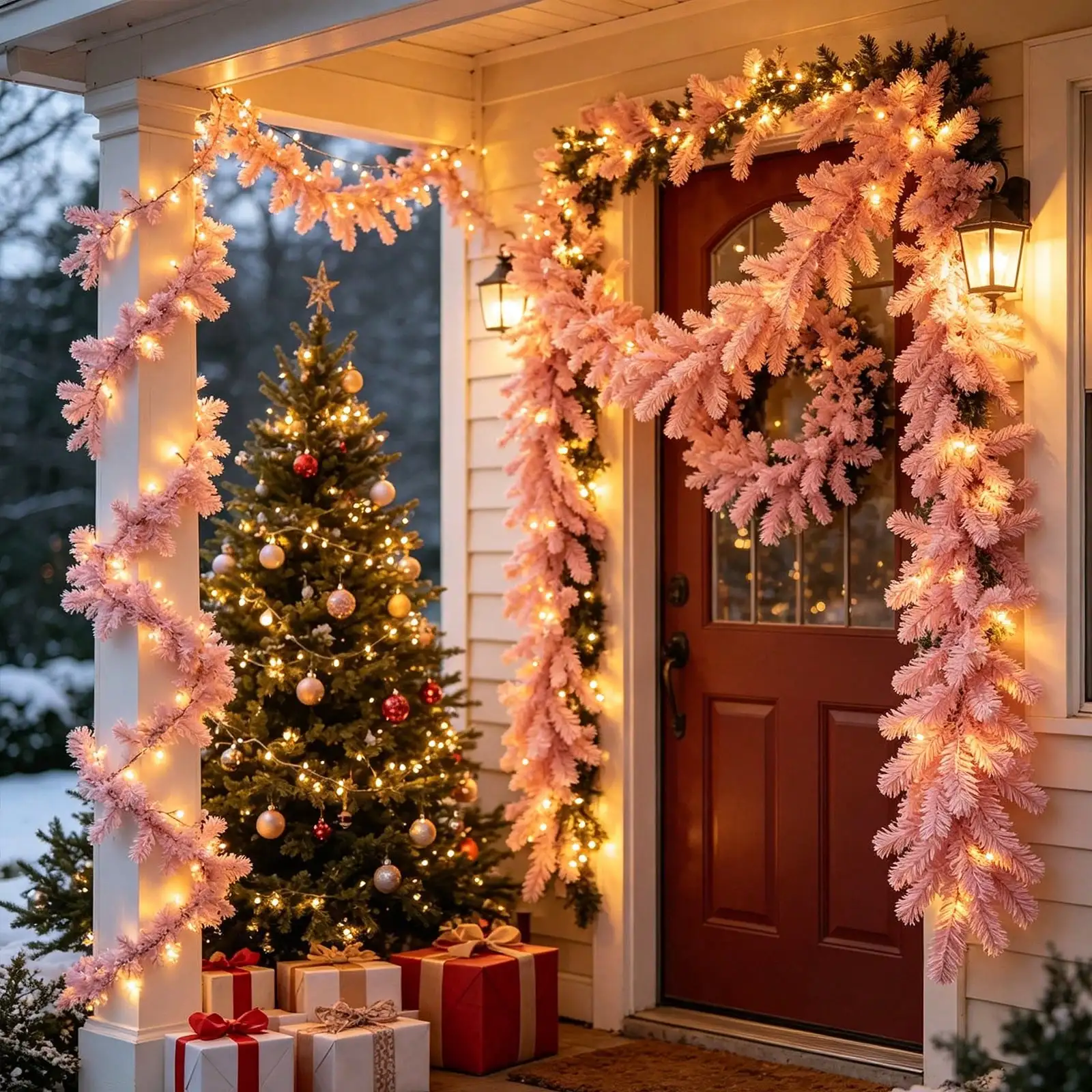 Pink Flocked Christmas Garland 6FT/9FT Artificial Pine Branch Xmas Decor, Snow Flocked Pink White Garland For Mantel Stair Home Holiday Party Decoration