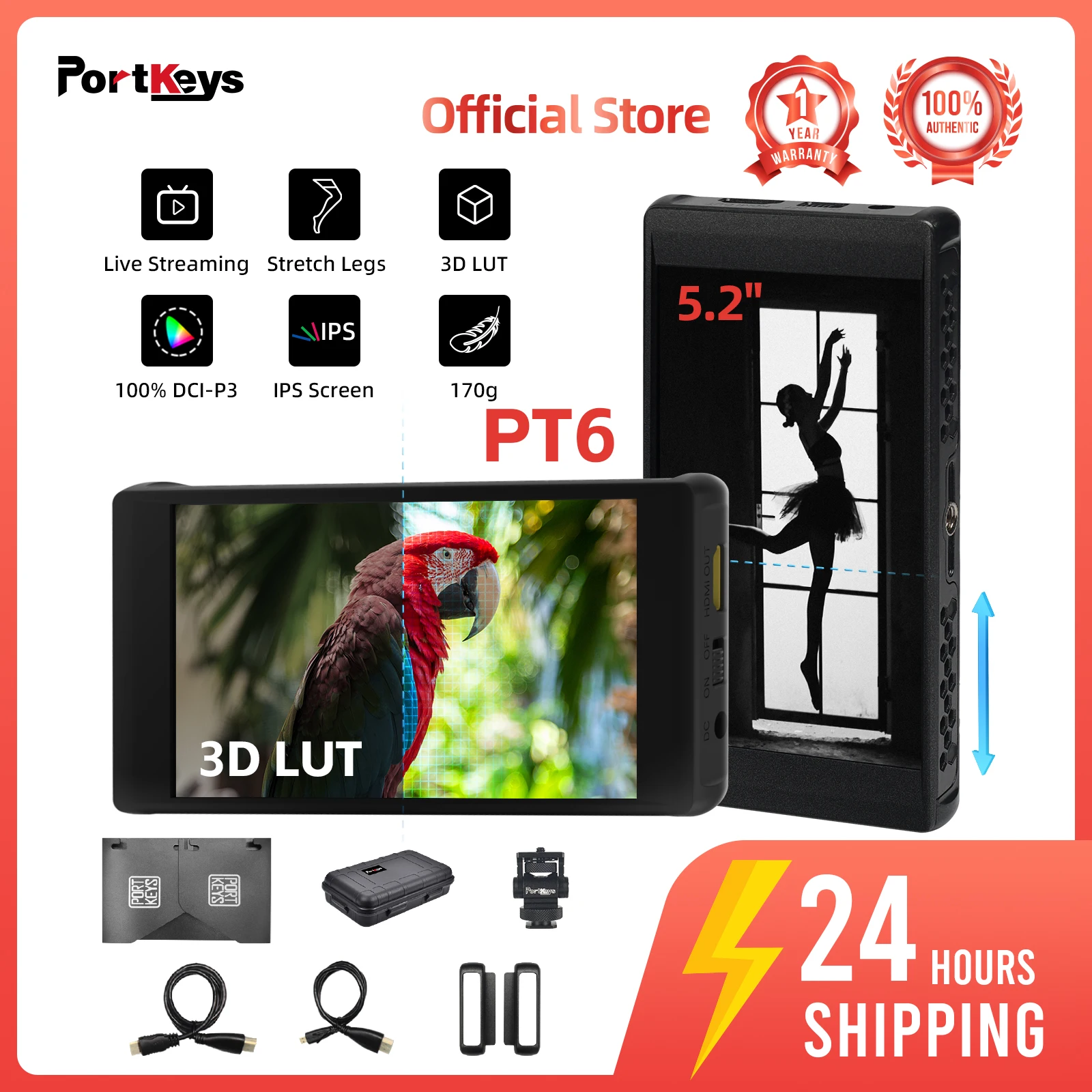 

Portkeys PT6 4K Camera Field Monitor 5.2'' HDMI IPS Touch Screen Control Live Streaming Assist Stretch Legs 3D LUT for DSLR Came