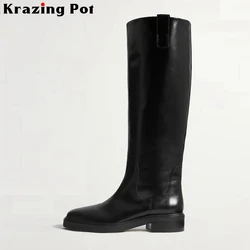 Krazing Pot Cow Leather Big Size 44 45 Round Toe Med Heels Classics Equestrian Long Boots Slip On Winter Brand Knee-high Boots