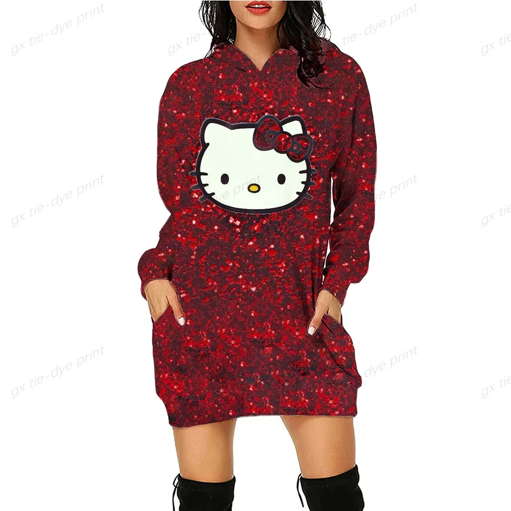 Sweatshirt Streetwear New Casual HELLO KITTY Print Spring Femme Large Size Vintage Long Sleeve Women Hoodies Dress Y2K