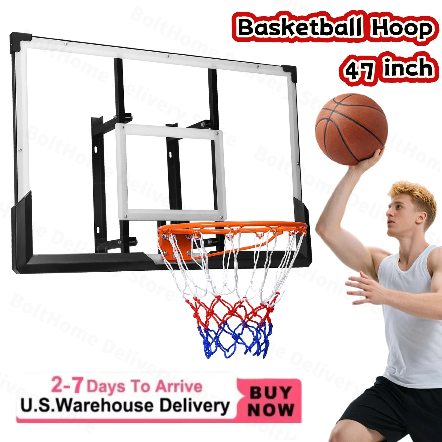 طوق كرة سلة مثبت على الحائط مقاس 47 بوصة، حافة متينة وشبكة مناسبة لجميع الأحوال الجوية للاستخدام الداخلي والخارجي في صالة الألعاب الرياضية المدرسية #1