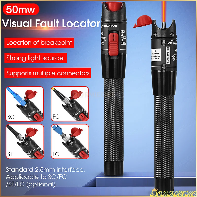 VLF 시각적 결함 로케이터 광섬유 케이블 테스터, 5-50km 범위 VFL, LC 어댑터 FTTH 선택 가능, 50MW