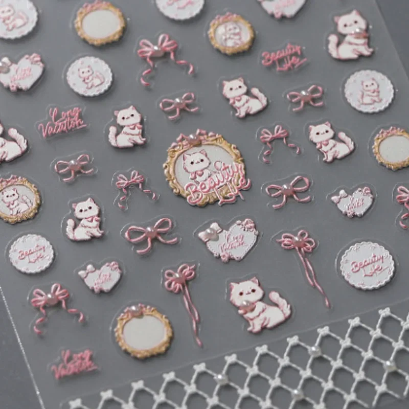 1 sztuk 5D perła Cartoon wykwintne wóz różowa wstążka łuk naklejki do paznokci Kawaii japońskie dekoracje naklejki do paznokci DIY akcesoria