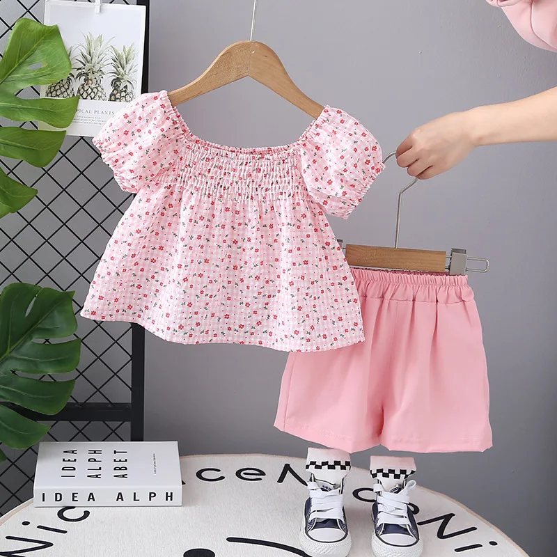

2Piece Summer Kids Clothes Girls Korean Fashion Plaid Flowers Cute Print Short Sleeve Cotton Baby Tops+Shorts Children Sets B078