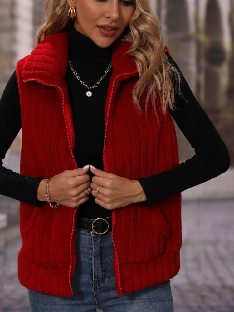 Fashionable Autumnal Flash Flocking Women's Vest Loose Striped Zipperless Sleeveless Furry Casual Outerwear Coat