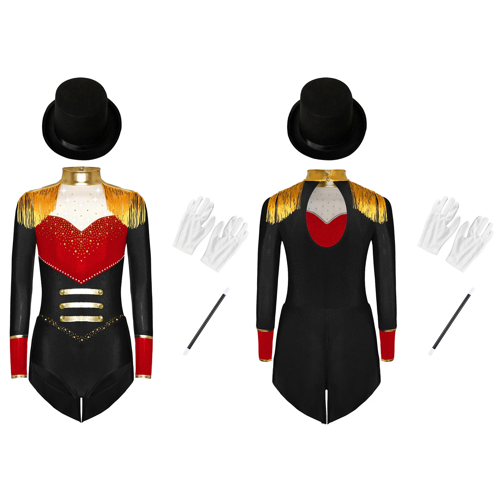 Boys Girls Circus Ringmaster Costume Dancewear Halloween Magician Costume Unitards Sequins Checkerboard Tailcoat Bodysuit