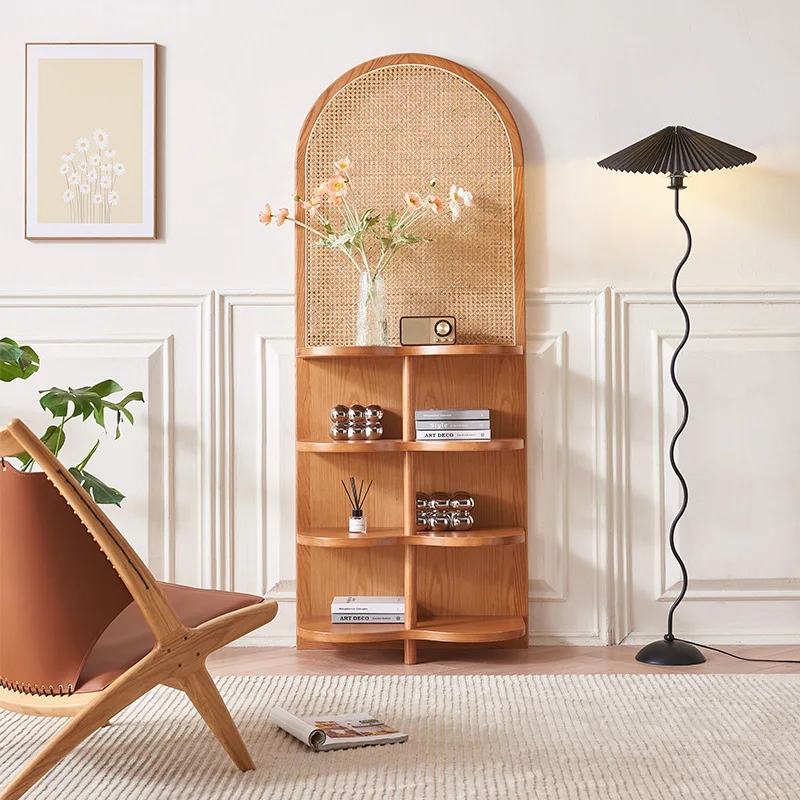 Japanese-style solid wood screen partition, living room, homestay rattan rack, small apartment block, simple magazine bookshelf