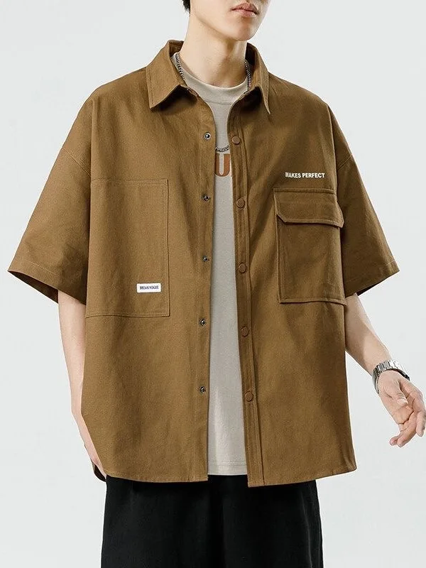 Men's Casual Loose Fit Short Sleeve Work Shirt Lightweight Breathable Vintage Resistant Stain Trendy Japanese Style Half Sleeve