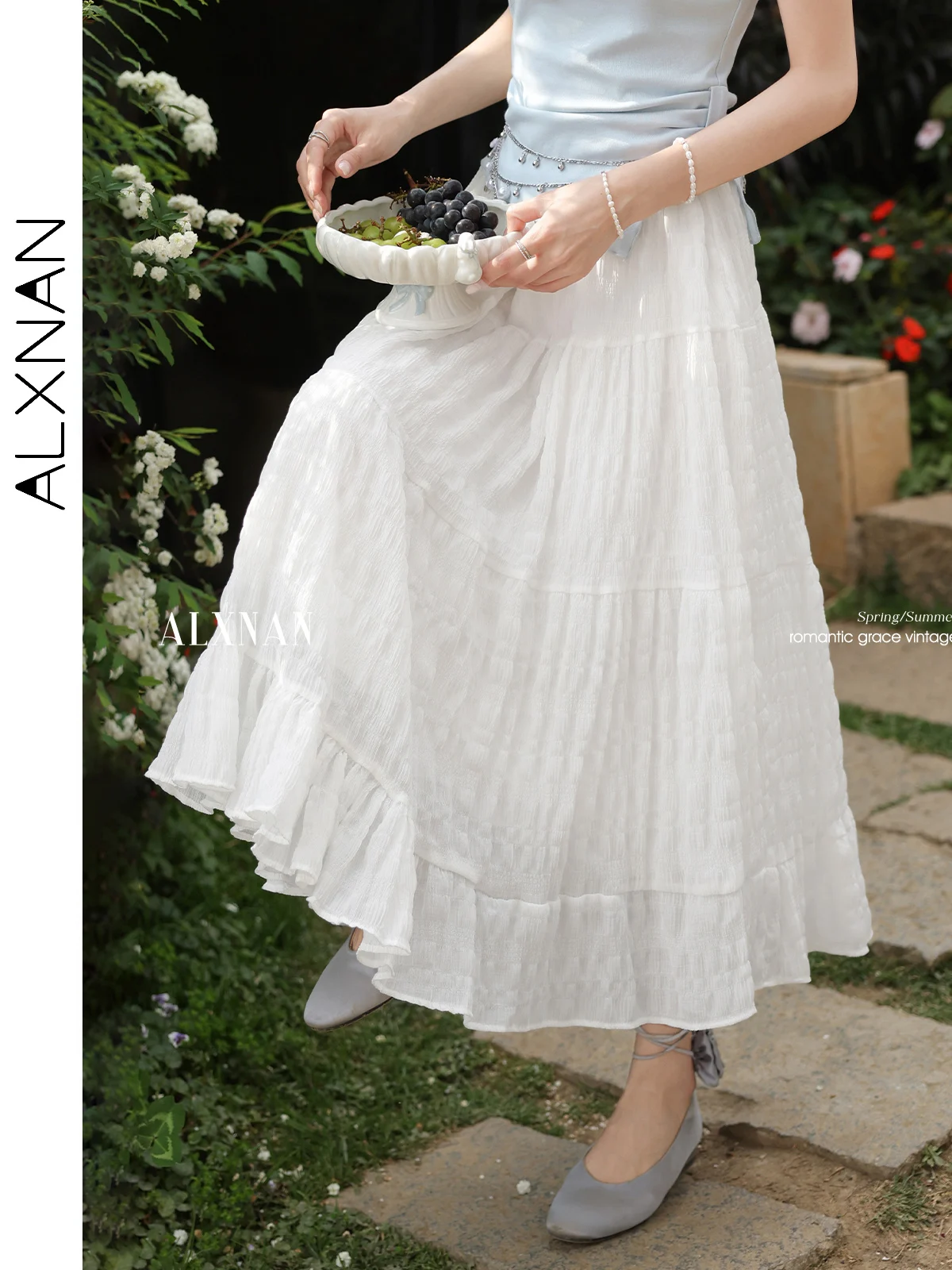 ALXNAN Plus Size White Skirt Long Elegant Holiday Women's Midi Skirt 2025 Summer Casual A-line Loose-fit Ladies Clothing D10307