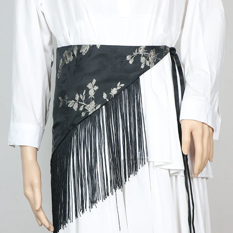 Irregular Triangular Wide Waistbands for Women Flower Printing Tassel Self-tie Waist Belts Ladies Shirt Dress Fabric Cinturones