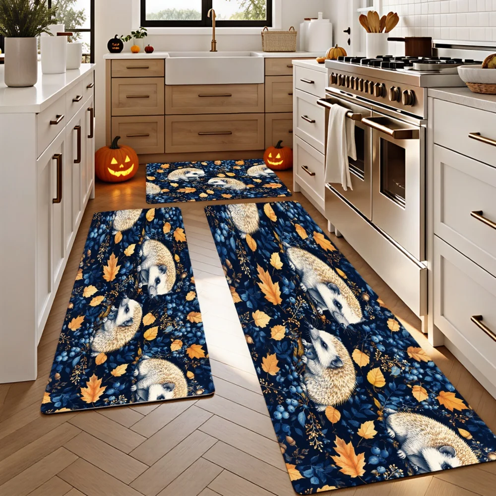 1/2/3pcs Kitchen Rugs, Welcome Door Mat Set, Home Halloween Decoration for Front Door, Kitchen, Bathroom, Hedgehog Autumn Leaves Blue Background Kitchen Mat Pattern Print Design Dining Mat, Housewarming Party Gift.