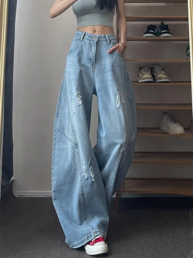 

Trendy High Street Straight Leg Jeans Men Women Hole Punching Baggy Knife Design Casual Youth Denim Pants Straight Tube