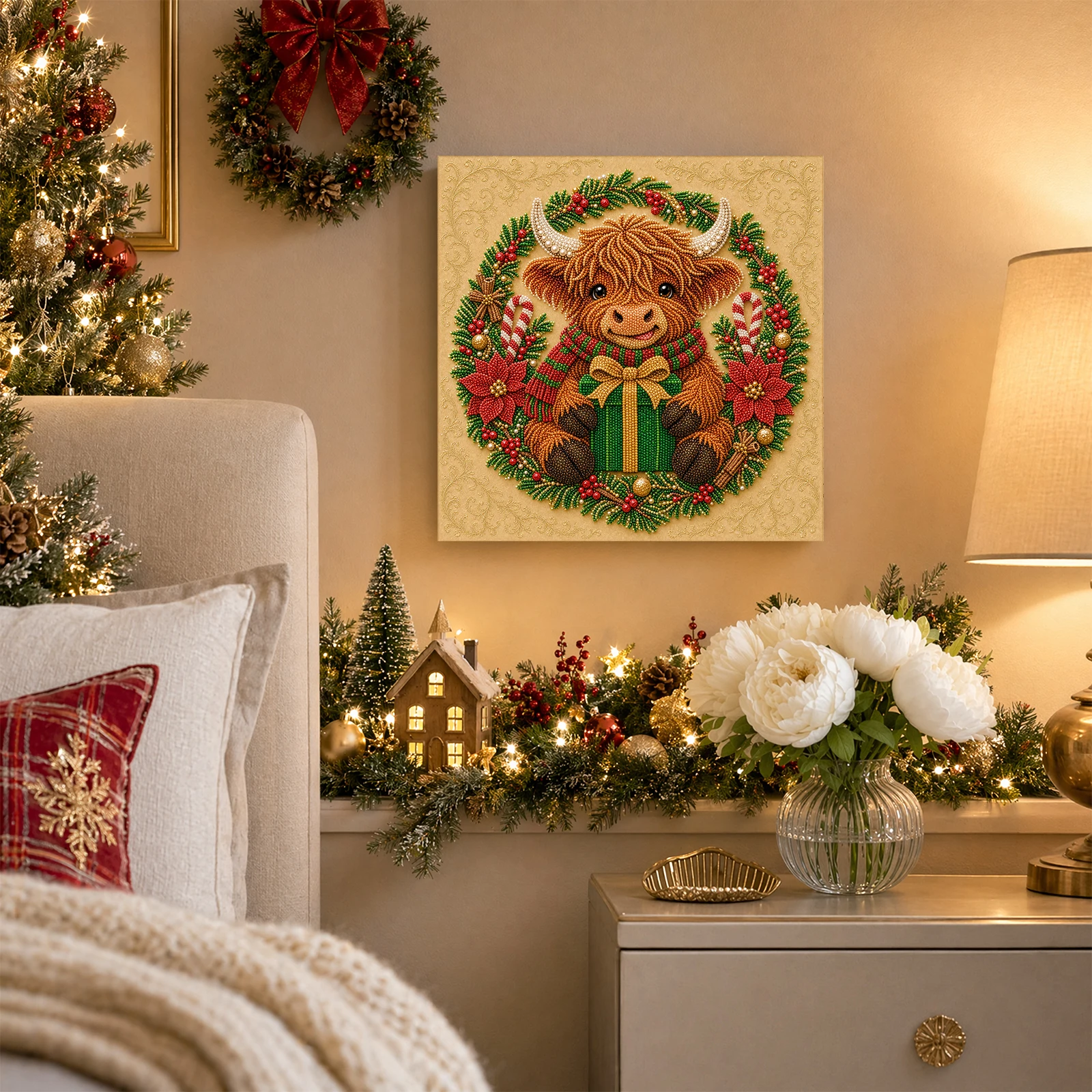 Framed Pearl Painting Kit Christmas Scottish Scotland Celtic Cow DIY 3D Self-Adhesive Bead Art 20x20cm Adults