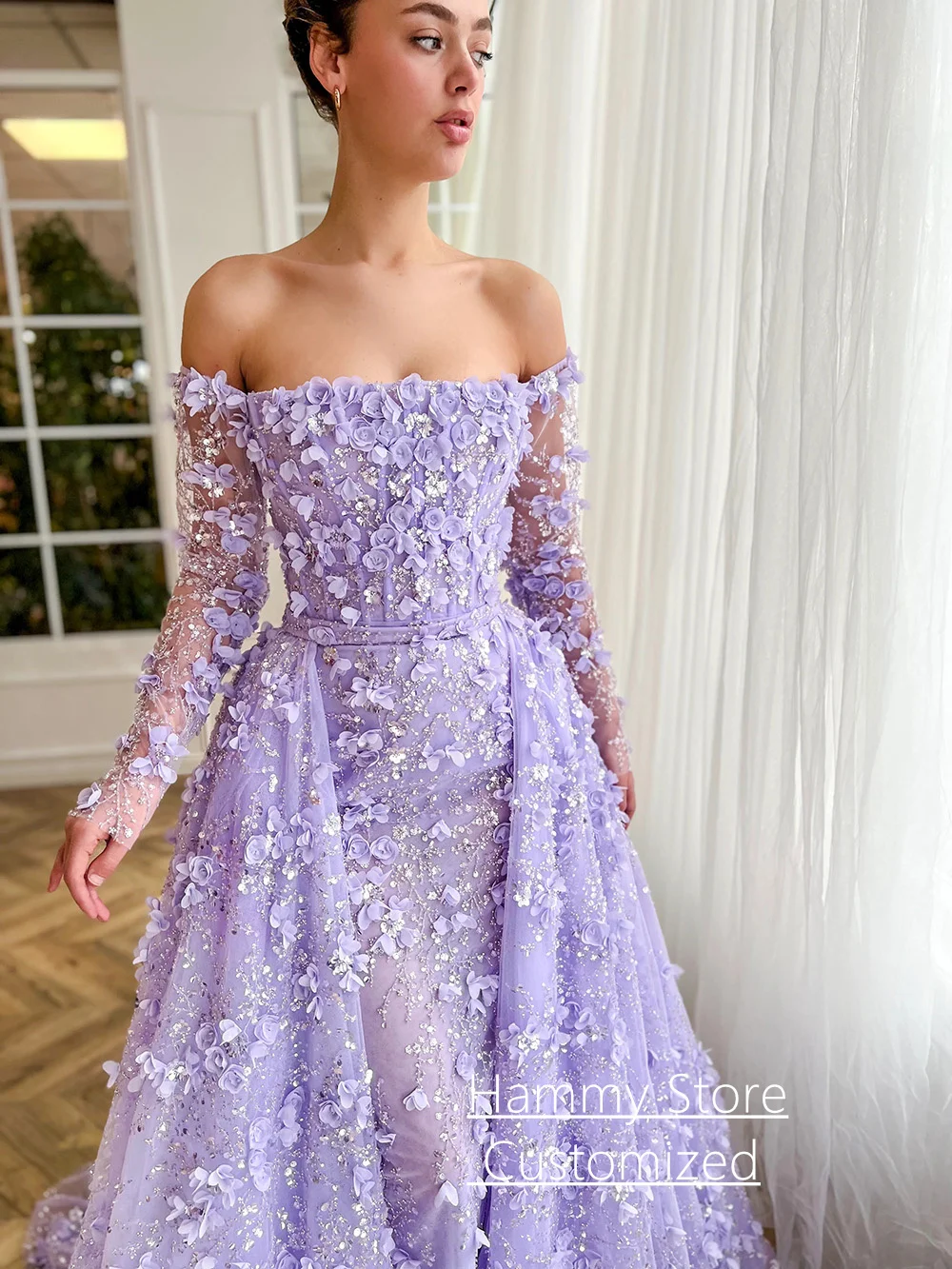 Lilac Evening Dress Customized Luxury Boat Neck Long Sleeves Beading Flower Lace Prom Gown with Deatachable Train Party Dress