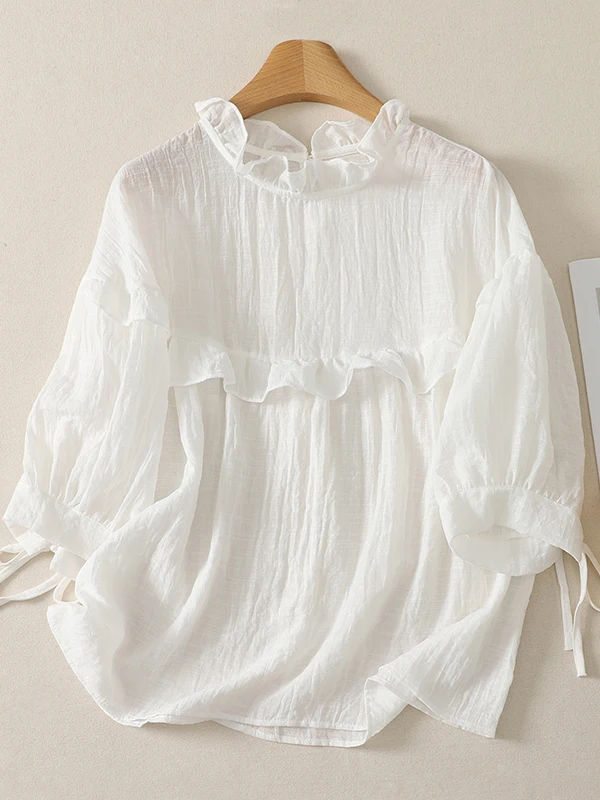

High-End Loose Fit Doll Shirt with Wood Grain Splicing Versatile Lazy Anti-Aging Shirt for Women Skin-Friendly Breathable