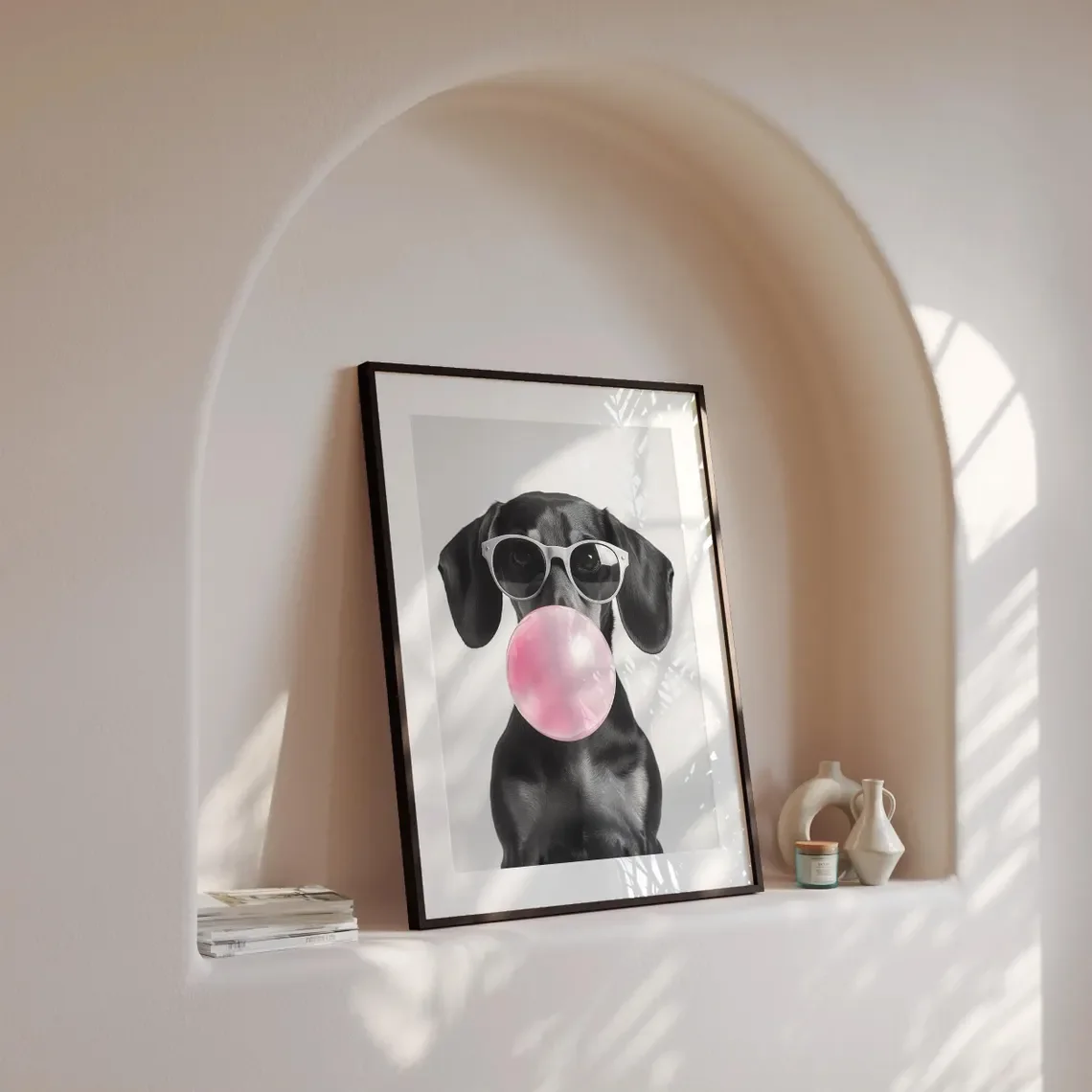 Dachshund Bubble Gum Wall Art: Funny Black Wiener Print, Trendy Doxie Poster, Pop Art Dog Portrait, Black & White Decor image 2