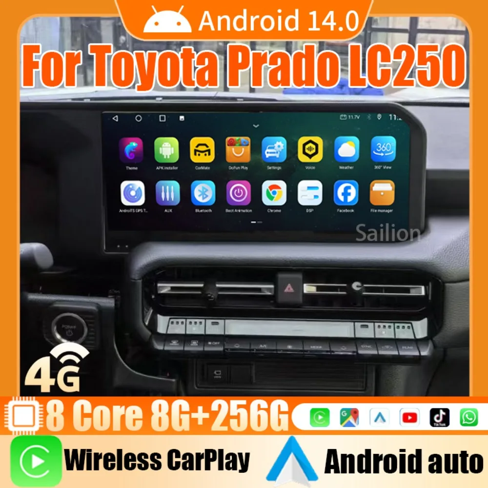 Android 14 Car Radio For Toyota Prado LC250 2023-2025 Automotive Multimedia Wireless Carplay Auto WIFI Bluetooth Stereo 4G GPS